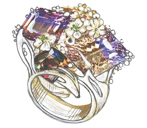Кольцо с аметринами, аксинитом, аметистами, цаворитами гранатами, пурпурными и золотистыми сапфирами