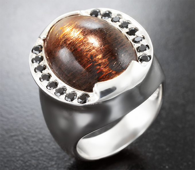 Серебро 925 Кольцо с солнечным камнем с эффектом кошачьего глаза 14,96 карата и черными шпинелями 