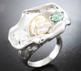 Кольцо с зеленым муассанитом высокой чистоты 1 карат, жемчужиной Keshi 5 карат и ограненным лунным камнем 0,84 карата