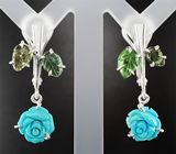 Серьги с резной бирюзой 2,97 карата и турмалинами