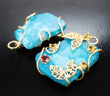 Подвесы для серег со слайсами арманяской бирюзы 47,87 карата и гранатами Золото