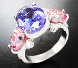Кольцо с топовым танзанитом 6,46 карата, розовыми 3,92 карата и бесцветными муассанитами 0,6 карата