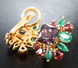 Серьги с гранатами со сменой цвета 4,71 карата, уральскими изумрудами и сапфирами