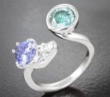 Кольцо с голубовато-зеленым муассанитом 1,3 карата и танзанитом 1,2 карата