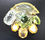 Брошь/кулон с полихромным апатитом авторской огранки 31,06 карата, чистейшим резным цитрином, резным зеленым аметистом, перидотом, ограненными бразильскими опалами и бриллиантом