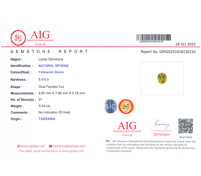 Высокая дисперсия! Зеленовато-желтый сфен высокой чистоты 3,04 карата