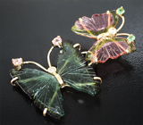 Кулон с резными турмалинами 13,91 карата, розовыми турмалинами, цаворитами гранатами и бесцветными цирконами Золото