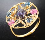 Кольцо с австралийским болдер опалом 1,55 карата, шпинелями и бриллиантом Золото