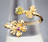 Комплект с уральскими топазолитами 0,86 карата и розовыми сапфирами Золото