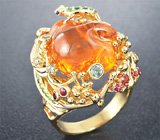 Кольцо с крупным мексиканским огненным опалом и самоцветами