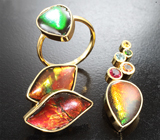 Комплект с аммолитами аммонита 15,58 карата, рубиновой шпинелью, цитрином, диопсидом, васильковым и желтым сапфиром