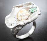 Кольцо с зеленым муассанитом высокой чистоты 1 карат, жемчужиной Keshi 5 карат и ограненным лунным камнем 0,84 карата