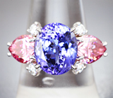 Кольцо с топовым танзанитом 6,46 карата, розовыми 3,92 карата и бесцветными муассанитами 0,6 карата